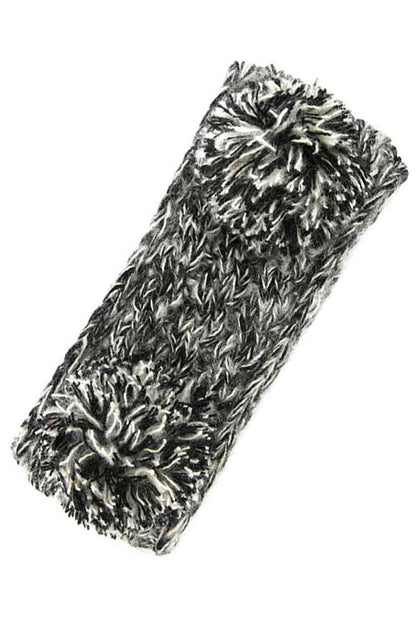 Black Cozy two-tone kids head wrap featuring a soft fuzzy lining for extra warmth and comfort. Double pom-pom design adds playful style perfect for cold weather. Crafted from 100% acrylic for durability and easy care. One size fits most children. A practical accessory that keeps little ones warm while looking adorable.