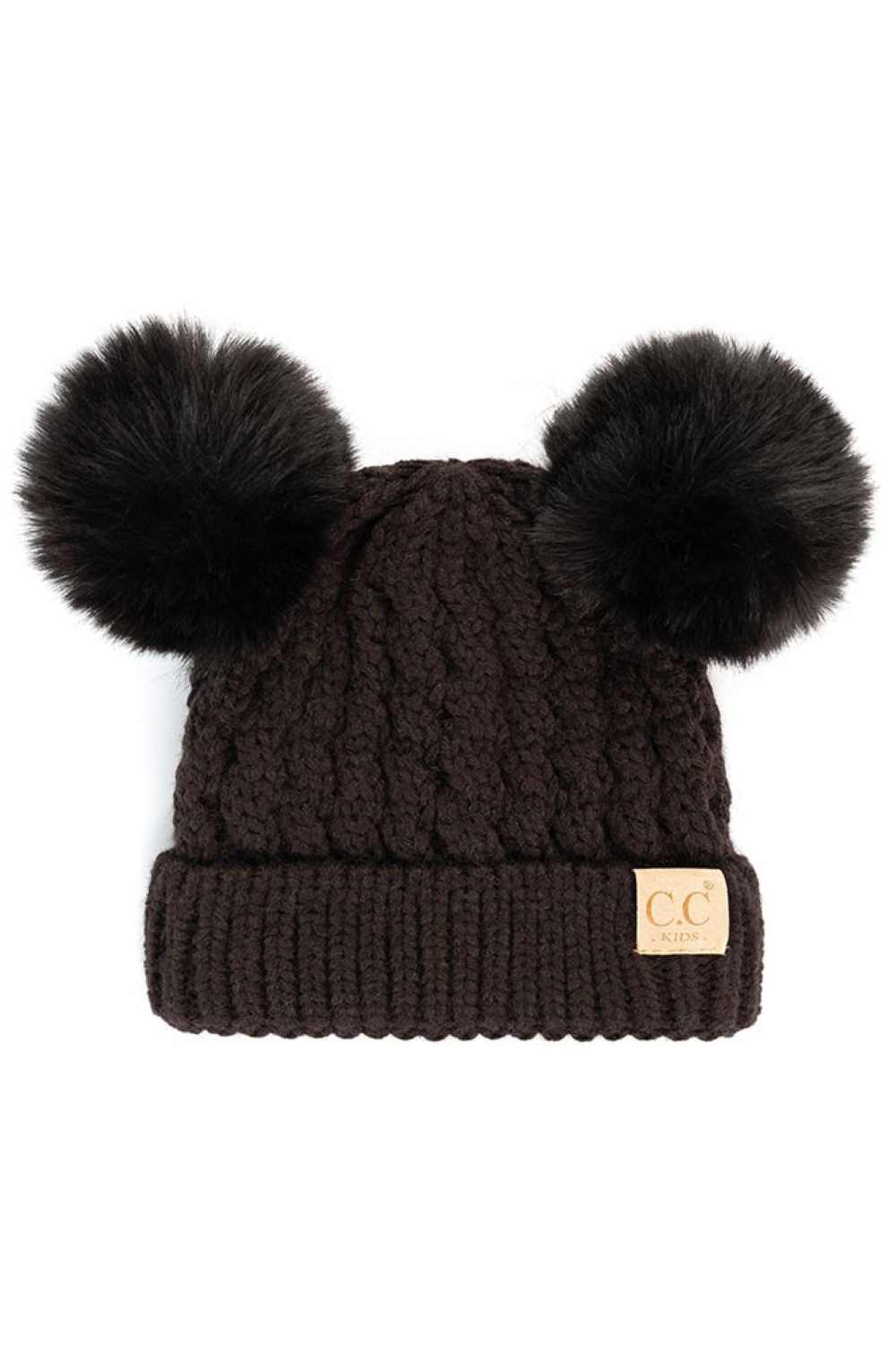 Black Keep your child warm and stylish with this C.C Kids Double Pom Pom Beanie, featuring an all-over cable knit pattern. Made from 100% acrylic, it's soft, durable, and easy to care for. The playful double pom poms add a fun touch kids love.