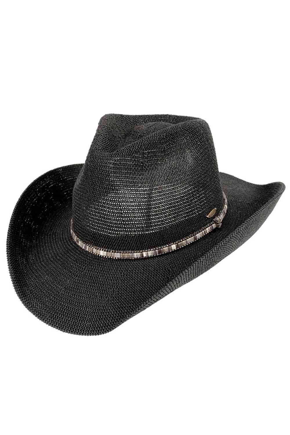 Black Elevate your western style with this C.C Multi Colored Trim Band Knitted Cowboy Hat. Crafted from a breathable blend of 60% paper and 40% polyester, this one-size hat offers comfort and durability. The vibrant multi-colored trim band adds a pop of personality to any outfit. With a 3.25" brim and 4.5" crown height, it provides excellent sun protection while maintaining that classic cowboy silhouette. Perfect for ranch days, country festivals, or casual everyday wear. Circumference: 22.6".