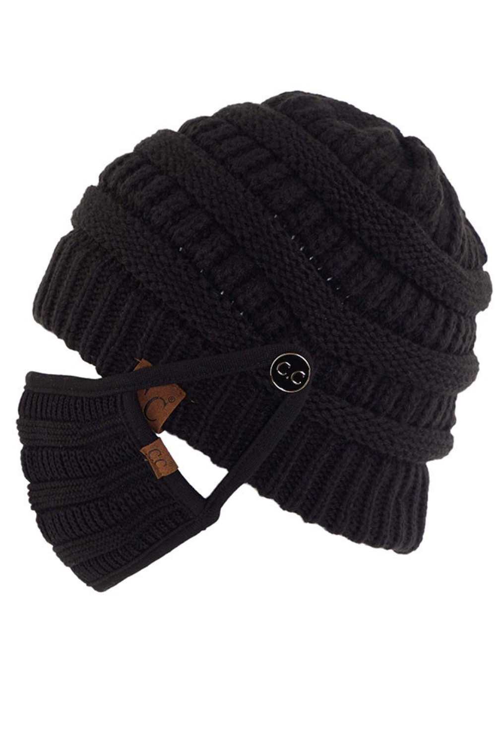 Black Stay warm and functional with this C.C Ribbed Knit Beanie featuring a convenient button attachment for your mask. Crafted from 100% acrylic, this lightweight beanie offers soft comfort and durability for everyday wear.