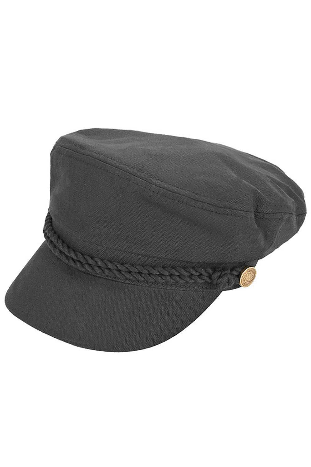 Black Classic cotton fishing cap with timeless appeal. Crafted from 100% cotton for breathability and comfort, this solid-color cap features decorative rope detailing with button accents for a refined look. The structured design includes a 2" brim for sun protection, fitting most head sizes at 22.5–23" circumference. Perfect for outdoor adventures, casual wear, or everyday style.