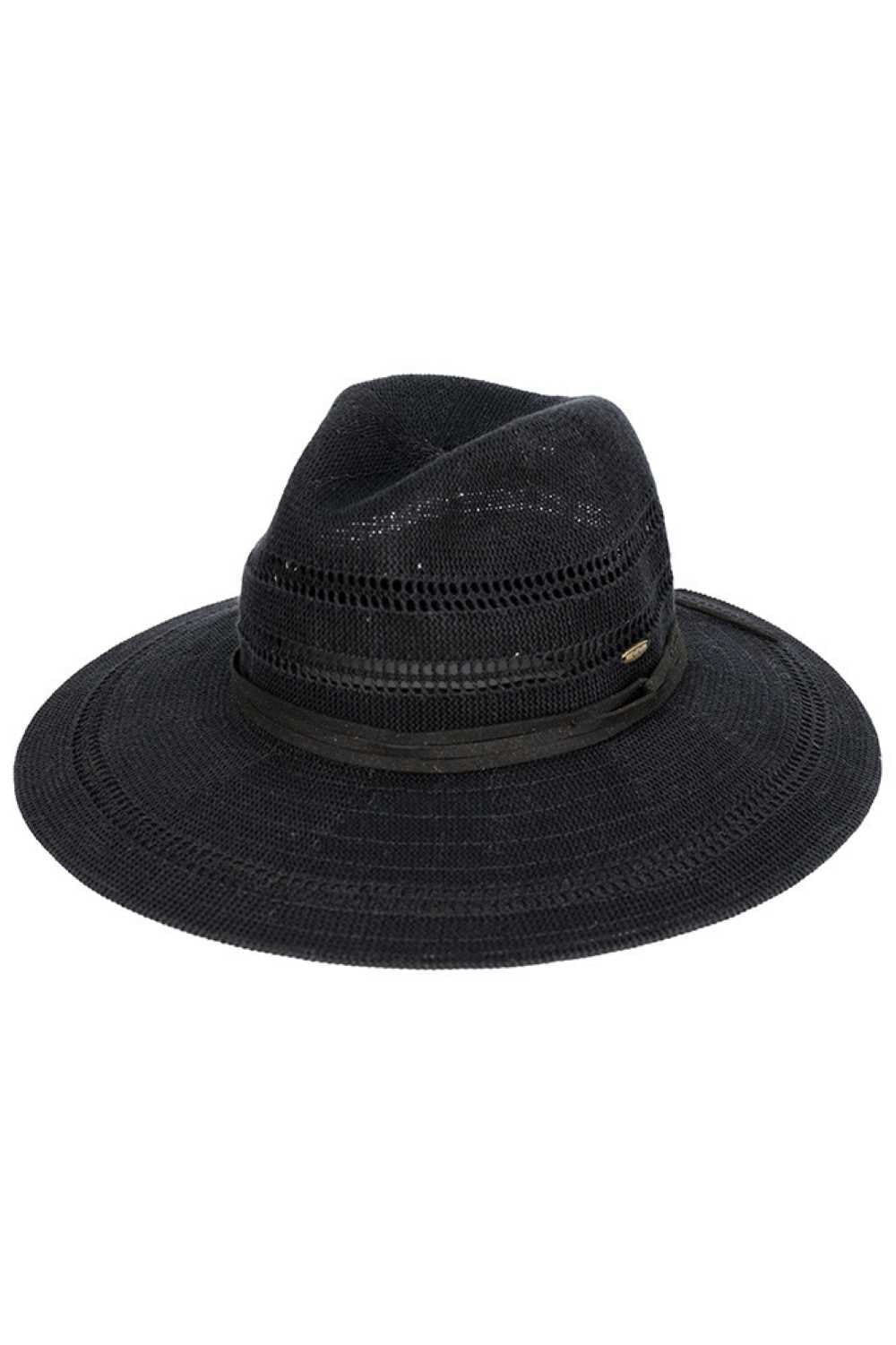 Black Elevate your sun protection with the C.C Suede Band Knitted Panama Sun Hat. This versatile style features a breathable cotton-polyester blend that keeps you cool and comfortable all day long. The classic panama silhouette is enhanced with a sophisticated suede band detail, adding an upscale touch to any warm-weather outfit. Designed for a universal fit with a 22.6" circumference, this hat offers a 3.5" brim for reliable sun coverage and a 4" crown for a flattering shape. Whether you're heading to the 