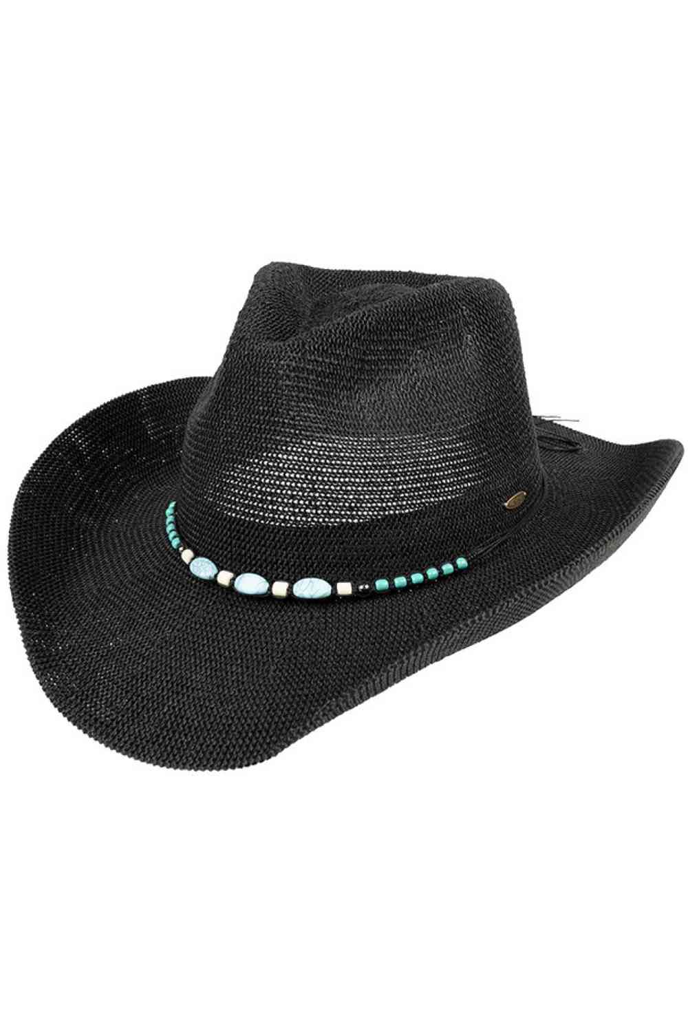 Black Elevate your western style with this striking C.C Cowboy Hat, featuring a beautiful turquoise stone accent and decorative beaded string band. Crafted from a breathable blend of 60% paper and 40% polyester, this one-size hat offers comfort and durability for all-day wear. The knitted construction provides a soft, flexible fit with a generous 22.6" circumference. The 3.5" brim shields from the sun while the 4.5" crown delivers that classic cowboy silhouette. Perfect for festivals, ranch days, or adding 