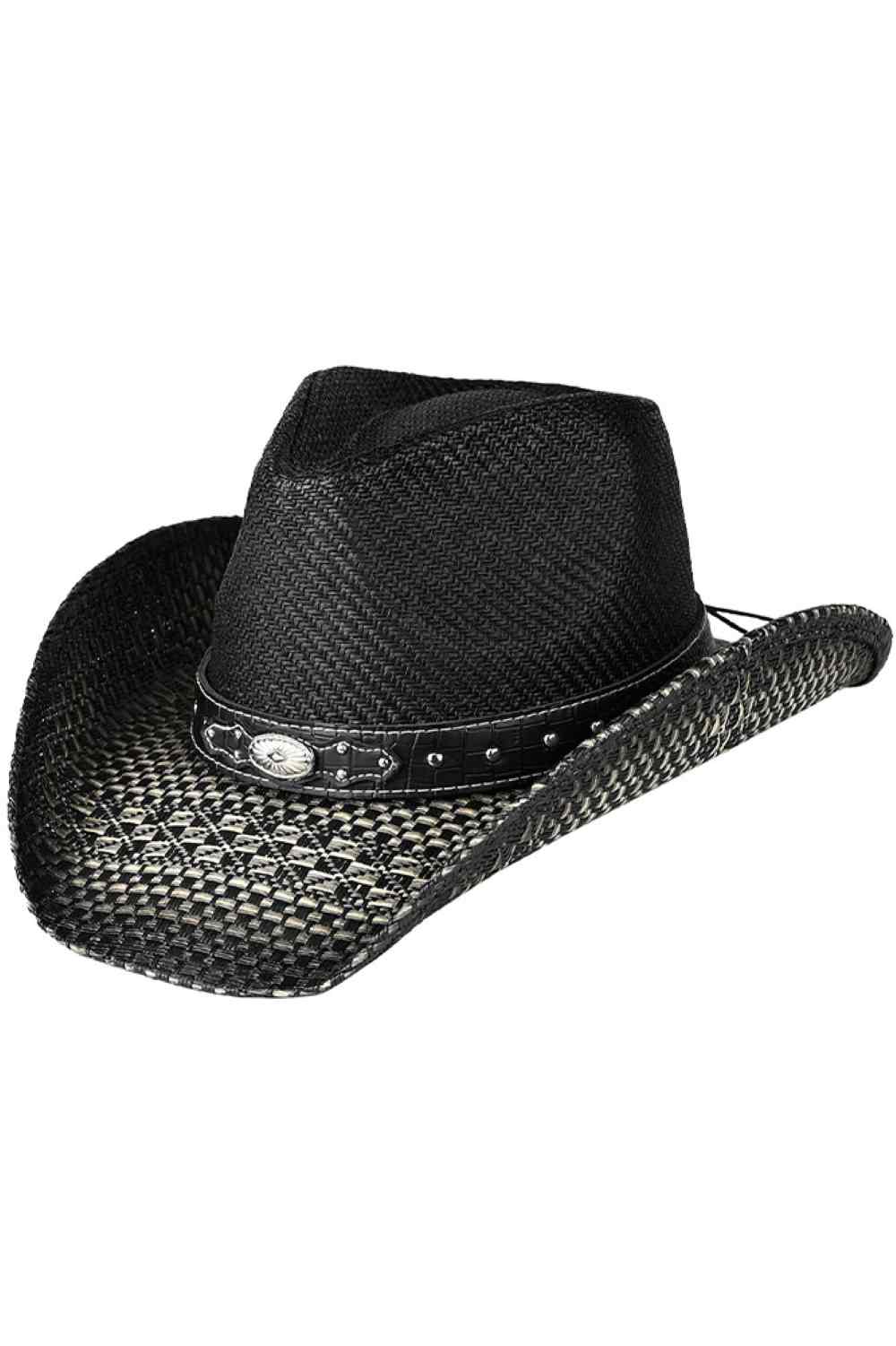 Black Elevate your Western wardrobe with this C.C Cowboy Hat, featuring a fancy texture design and sophisticated vegan leather trim band. Crafted from 100% paper material, this hat delivers a lightweight yet structured feel perfect for any occasion. The refined trim detailing adds an upscale touch to classic cowboy style. With a comfortable 22.75" circumference and one-size-fits-most design, it's an effortless addition to your accessory collection.&nbsp;