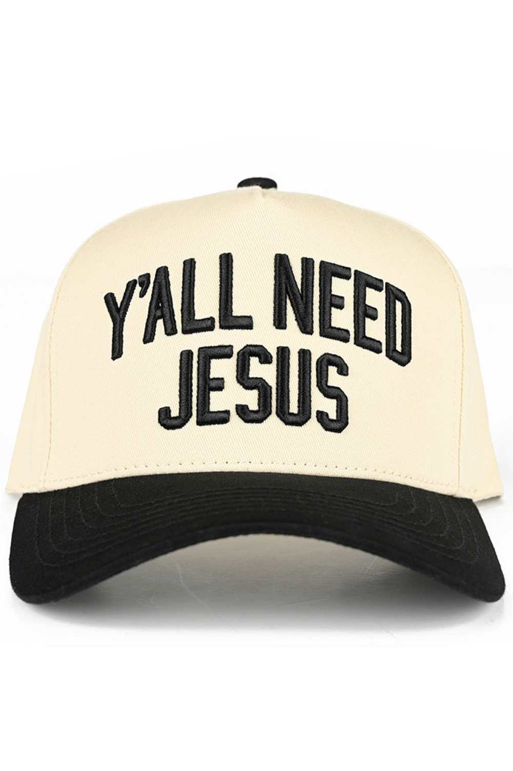 Black C.C Y'ALL NEED JESUS Embroidered Letter Two Tone Baseball Cap Trucker Hat Classic trucker style with bold embroidered messaging and contrasting two-tone design. Snapback closure for adjustable, one-size-fits-most comfort. Crafted from 100% cotton for breathability and durability. Circumference measures 22.5" for a relaxed fit. Made in Vietnam. Perfect for everyday wear or making a statement. Lightweight and versatile pairs with casual outfits effortlessly.