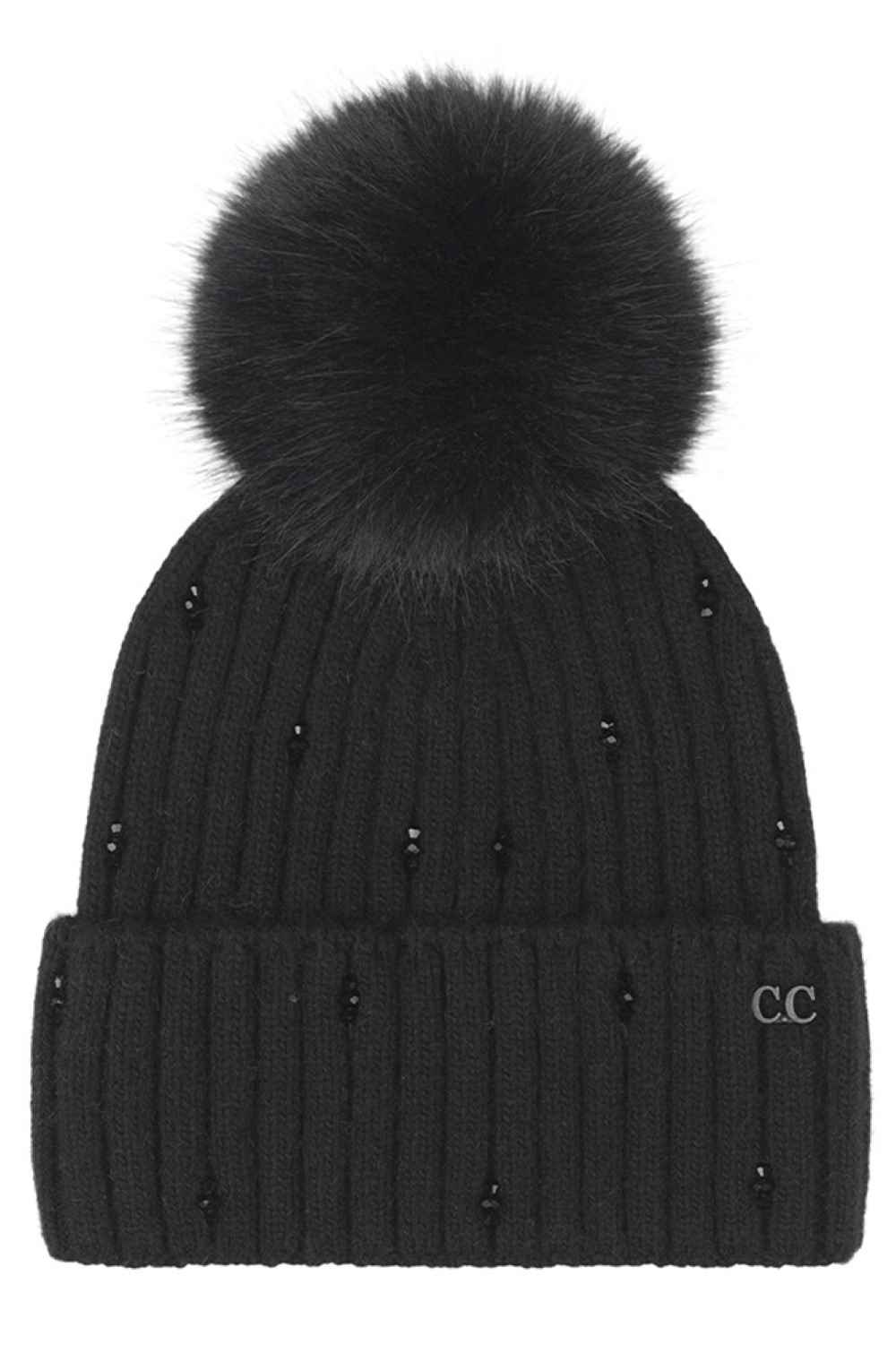 Black C.C Glass Bead Embellishment with Faux Fur Pom Cuff Beanie Winter Hat sparkles with elegant glass bead detailing and is finished with a plush faux-fur pom for a stylish cold-weather look. Crafted with a soft stretch fit, this cozy cuff beanie keeps you warm while adding a touch of glam to your winter outfits.