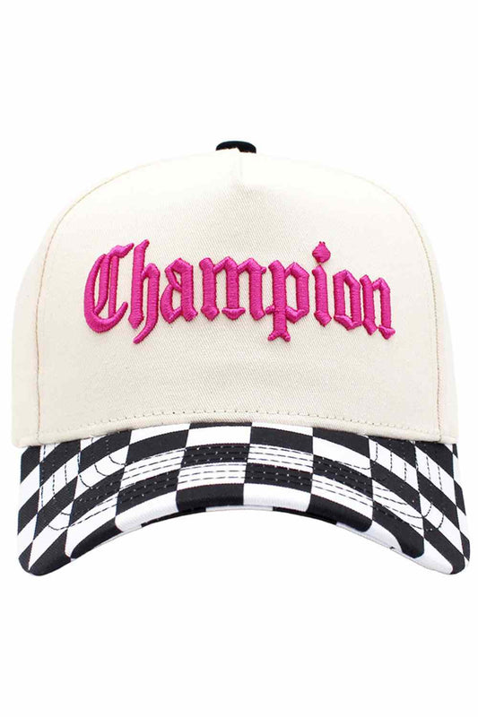 Black Classic baseball cap featuring the iconic CHAMPION embroidered letter on the front. The checkered brim adds a distinctive touch to this timeless style. Crafted from 100% cotton for breathability and comfort, perfect for everyday wear or outdoor activities. One size fits most. A versatile accessory that pairs effortlessly with casual outfits.