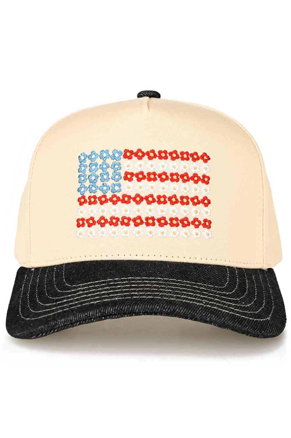 Black Denim C.C Daisy Flower Embroidered Pattern USA Flag Trucker Hat Baseball Cap features charming daisy embroidery paired with a patriotic USA flag design for a unique, eye-catching look. Designed in a classic trucker style, it offers lightweight comfort and an adjustable fit for everyday wear.
