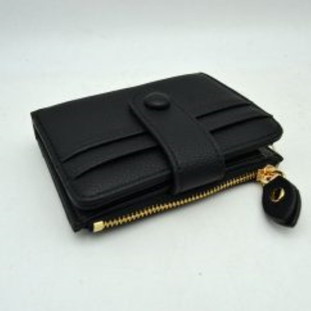 Black This compact card holder wallet features a textured pebbled exterior in a soft beige tone, providing a sleek and practical design for daily organization. The front panel is equipped with multiple exterior card slots secured by a matching leather strap with a snap button closure. A secure side pocket with a metallic gold-tone zipper and a detailed leather pull tab opens to an internal compartment for coins or folded bills, making it an essential companion for minimalist carrying.