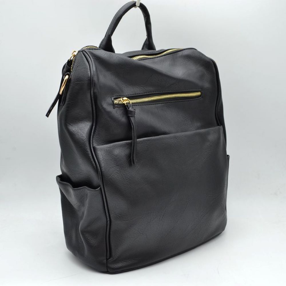 Black This practical backpack features a textured, subtly grained exterior designed for organized everyday use. It provides multiple functional storage compartments, including a spacious main section accessed via curved top zippers, a horizontal front zippered pocket with an elongated pull tab, and a deep slip pocket underneath. A side open pouch offers additional quick-access storage along the lower edge. The design is completed by a sturdy top loop handle for convenient hand carrying