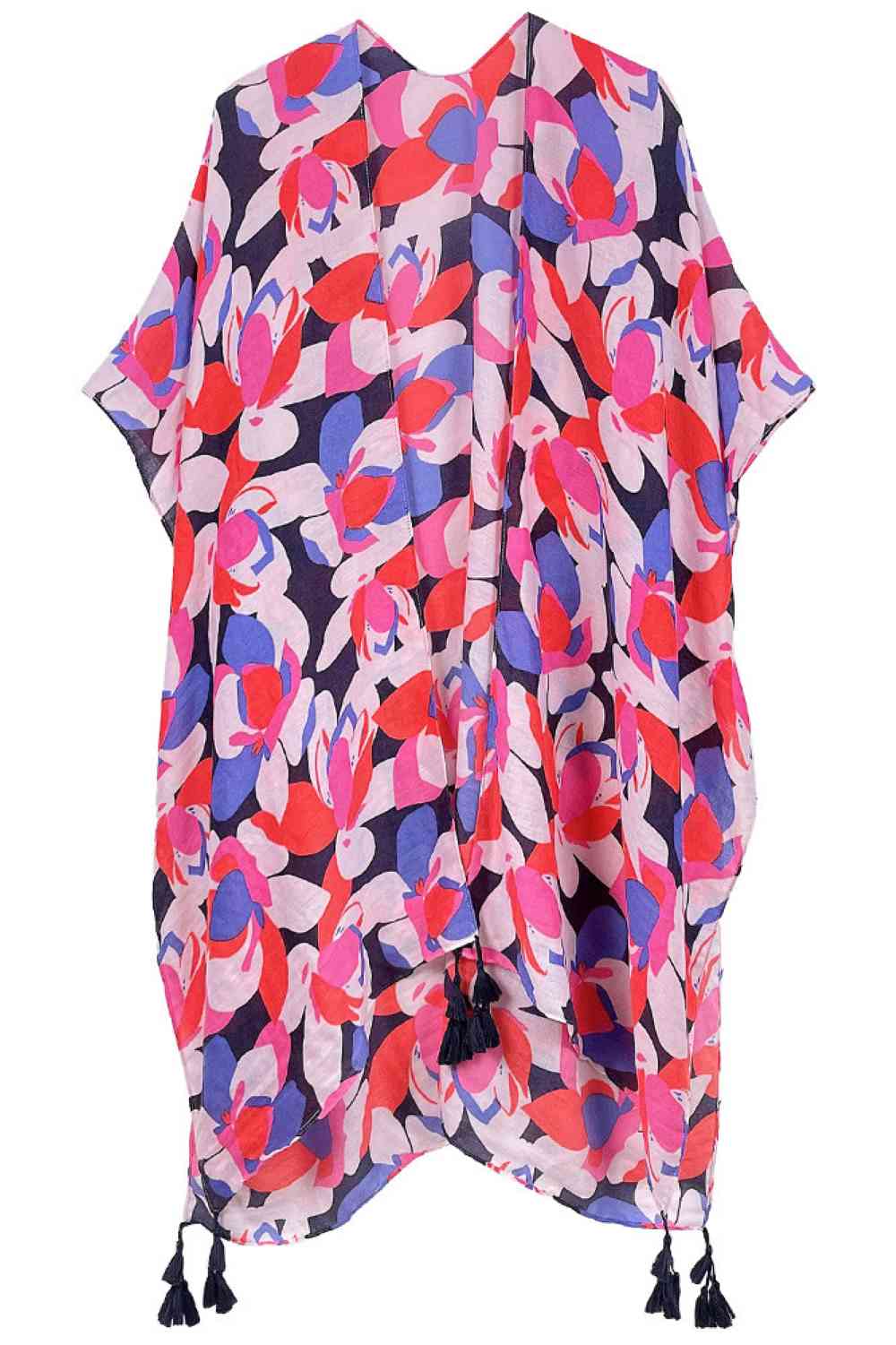 Black Embrace effortless elegance with this Floral Print Tassel Kimono. Crafted from lightweight 100% polyester, this versatile piece features a stunning floral design and charming tassel details that add movement and dimension. With generous dimensions of 35.4" x 35.4", it drapes beautifully over any outfit for a relaxed, bohemian-inspired look. Perfect for layering over dresses, swimwear, or casual wear, this kimono transitions seamlessly from beach days to evening gatherings. 