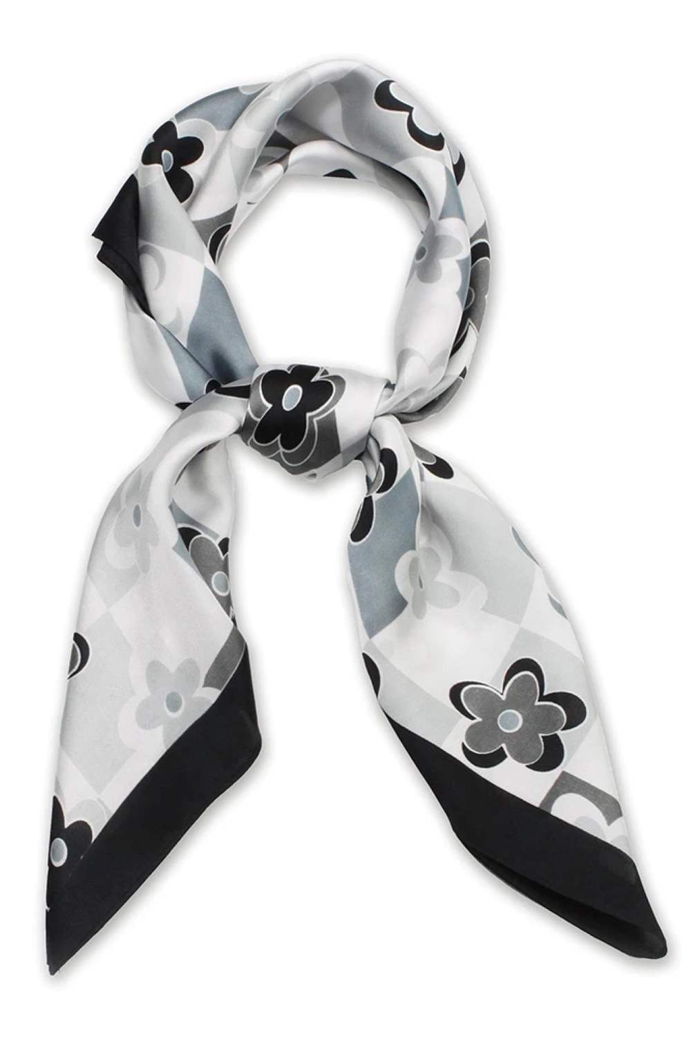 Black Elevate your accessory game with this stunning satin square scarf featuring a beautiful flower and checker print design. Crafted from 100% polyester, this luxurious scarf offers a smooth, lustrous finish that drapes elegantly around your neck, shoulders, or hair. The generous 27.5" x 27.5" size provides versatility for countless styling options wear it as a classic neck scarf, headwrap, or even as a chic bag accent.