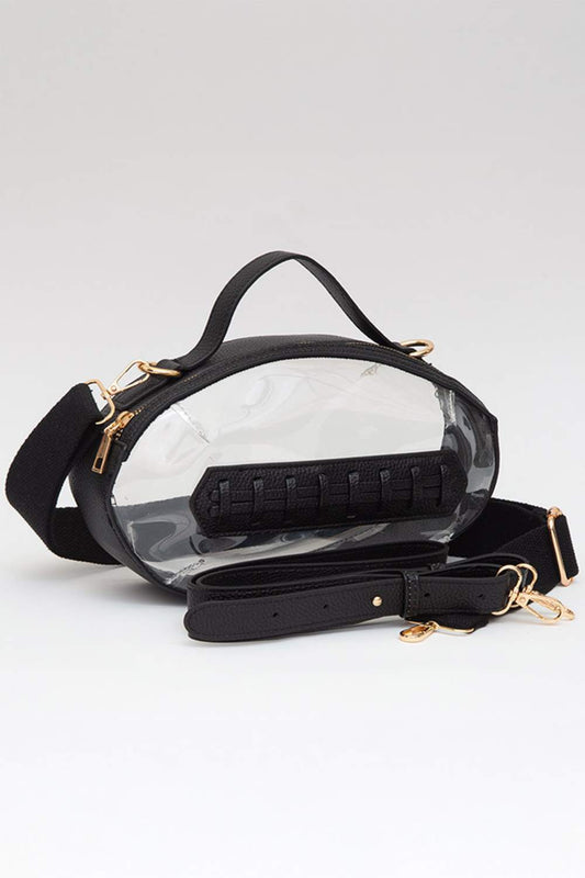 Black Carry your essentials in style with this unique football-shaped transparent crossbody bag. Perfect for stadium events, concerts, and outdoor gatherings, the clear PVC design lets you see everything inside while meeting venue security requirements. Measuring 11" x 6" x 4", it offers practical storage without bulk. The adjustable crossbody strap keeps your hands free, making it ideal for busy days out. Durable 100% PVC construction ensures long-lasting wear through countless adventures.