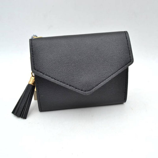 Black This compact wallet features a classic envelope-style design with a distinctive V-shaped front flap and clean perimeter stitching, making it a stylish choice for everyday use. Designed to offer a streamlined storage solution for essential items, it maintains a sleek, structured silhouette that easily fits into larger bags or pockets. A decorative tassel charm with a metallic cap is attached to the side hardware, adding a functional and eye-catching accent to the understated design.