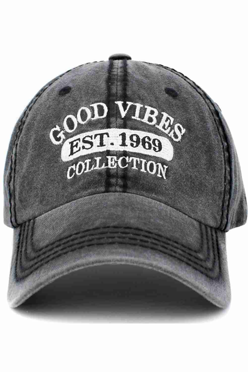 Spread positivity with the Good Vibes Washed Vintage Baseball Cap, featuring a classic distressed look and embroidered Good Vibes message. Comfortable and adjustable, this casual cap adds a cheerful touch to everyday outfits, errands, or weekend adventures