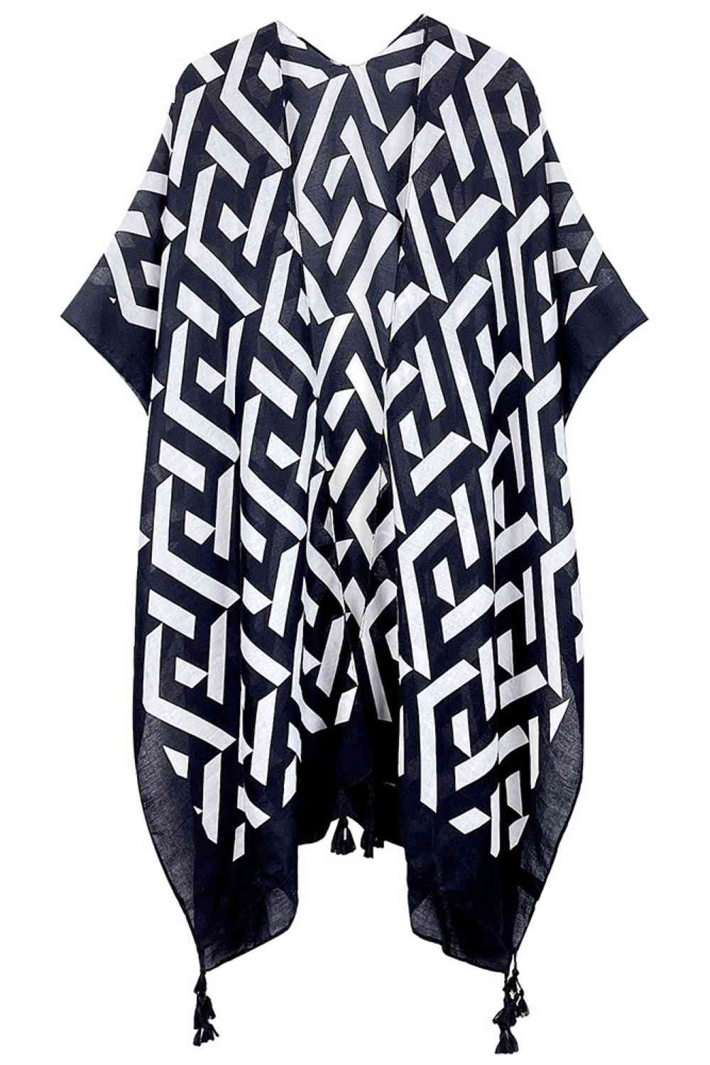 Black Elevate your wardrobe with this stunning Geometric Pattern Print Kimono. Crafted from 100% polyester, this lightweight piece features a bold, eye-catching geometric design that adds instant style to any outfit. With generous dimensions of 35.4" x 35.4", it drapes beautifully over dresses, tops, or swimwear for a versatile layering option. Perfect for beach days, casual outings, or lounging at home. The soft polyester fabric ensures comfort and easy care, making it an essential addition to your collect