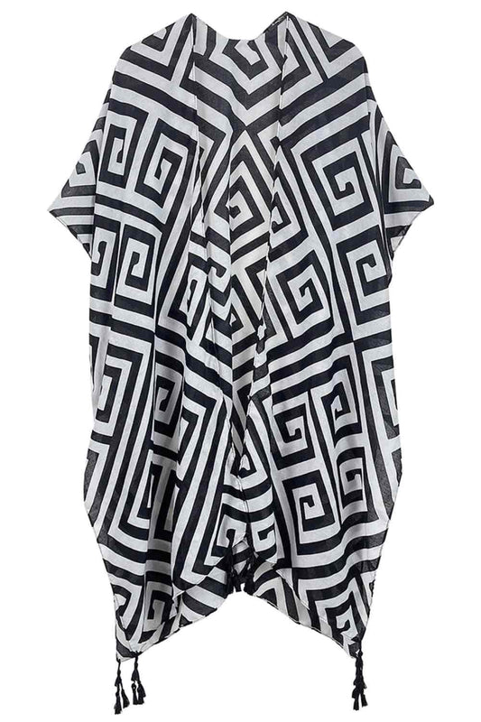 Black Elevate your wardrobe with this stunning Geometric Pattern Print Tassel Kimono. Crafted from 100% polyester, this lightweight piece features a bold geometric design and decorative tassels for an effortless, bohemian-inspired look. Perfect for layering over dresses, tanks, or casual outfits, it adds instant style and dimension to any ensemble. With generous dimensions of 35.4" x 35.4", it drapes beautifully on all body types. Ideal for beach days, festivals, or relaxed everyday wear.