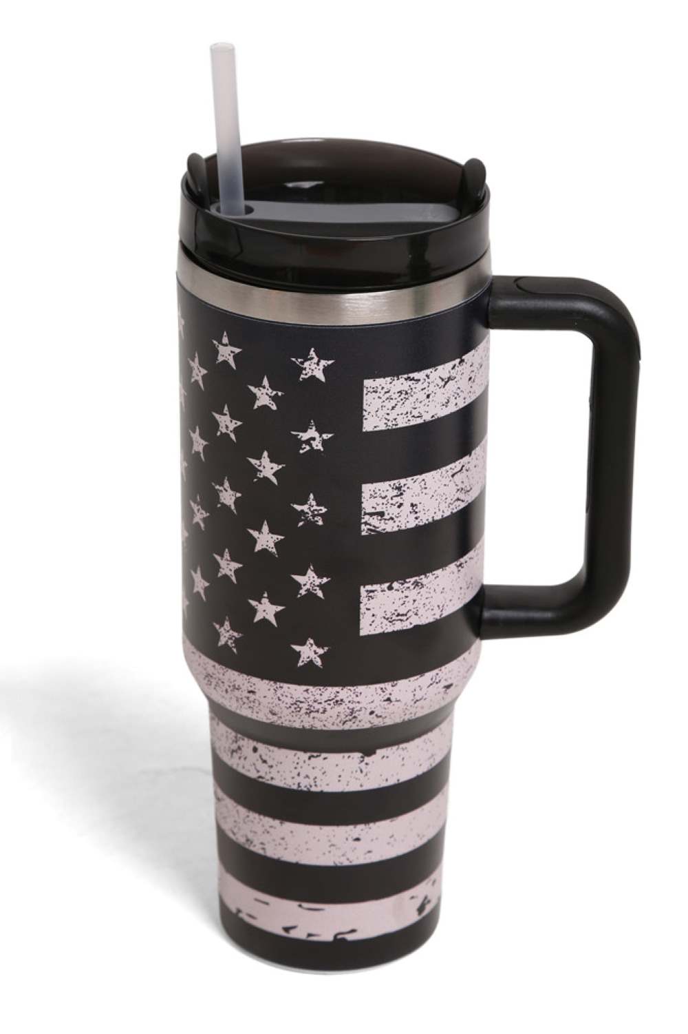 Black Gray Patriotic 40oz tumbler featuring an American flag design with a convenient handle for easy carrying. Double-wall stainless steel construction keeps beverages hot or cold for hours. Holds 1200ml of your favorite drink. BPA-free and durable for everyday use. Perfect for travel, work, or outdoor adventures while showing your American pride.