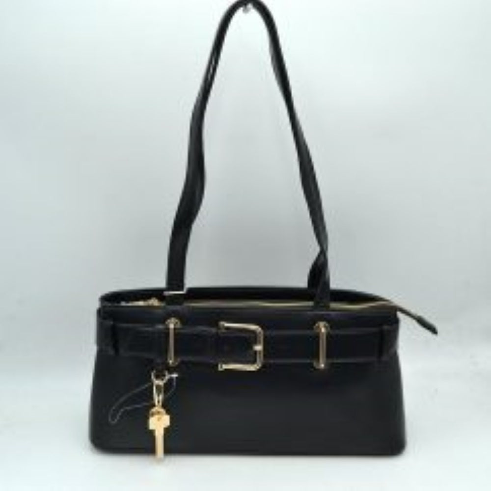 Black This rectangular shoulder bag features a distinctive wide belt detail running horizontally across the upper front panel, secured with a central metallic buckle and supported by matching metallic loops. Attached to one of the front belt loops is a decorative key charm suspended from a small clip. The bag is designed with dual fixed shoulder straps extending upwards from the body, and the main storage compartment is accessed via a top zipper closure with a fabric pull tab.
