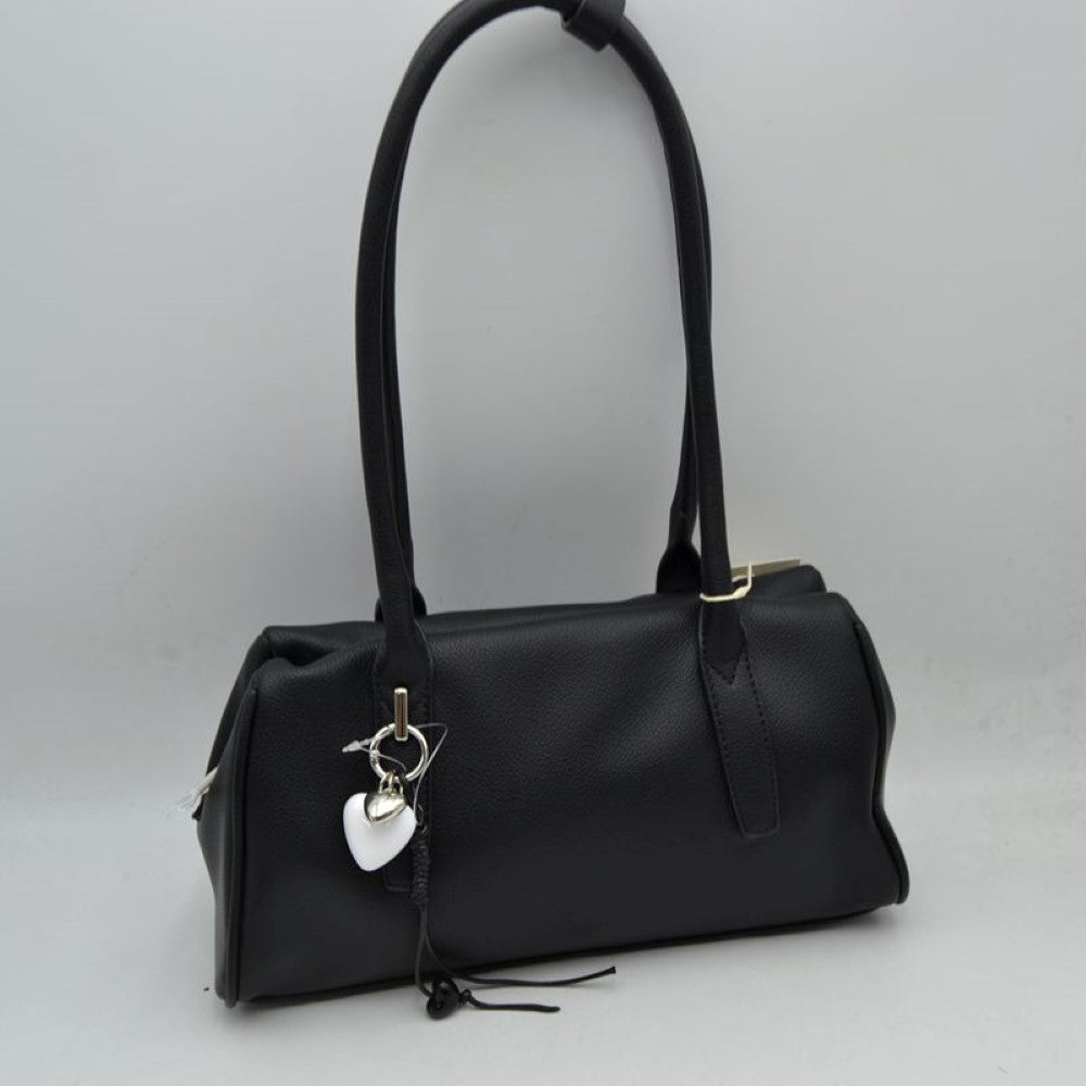 Black Bring timeless sophistication to your wardrobe with this sleek, east-west structured shoulder bag. Designed with a clean silhouette, this bag features an extended rectangular body with subtle, textured grain details that offer a refined look. The dual tall shoulder straps are engineered to sit comfortably over the arm, making it an ideal option for effortless daily carrying. Adding a touch of playful elegance, a polished metallic ring hangs from the front handle base