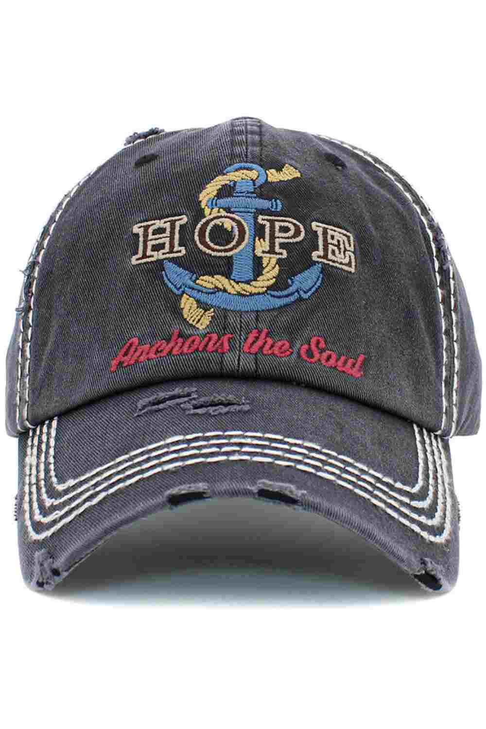 Black HOPE ANCHORS THE SOUL Vintage Distressed Baseball Cap features a beautifully worn-in look with inspirational embroidery that adds meaning to everyday style. Crafted for comfort with a relaxed fit and adjustable strap, it’s perfect for casual outings while sharing a positive message wherever you go.