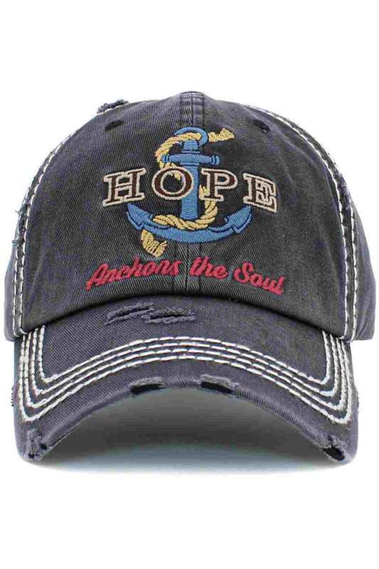 Black HOPE ANCHORS THE SOUL Vintage Distressed Baseball Cap features a beautifully worn-in look with inspirational embroidery that adds meaning to everyday style. Crafted for comfort with a relaxed fit and adjustable strap, it’s perfect for casual outings while sharing a positive message wherever you go.