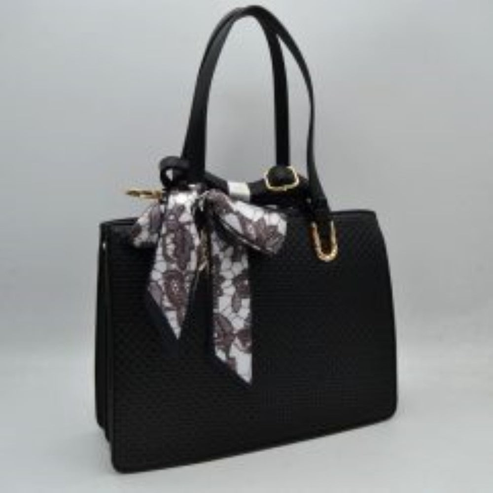 Black Embrace a perfect blend of seasonal charm and sophisticated style with this elegant woven straw satchel bag. Designed with a beautifully textured basket-weave exterior body and smooth top trim panels, this handbag features a stylish patterned scarf tied in a bow at the handle base for a chic, feminine touch. The structured silhouette opens to a spacious main compartment that easily accommodates your daily essentials, making it an ideal companion for warm-weather outings, brunch, or casual workdays.
