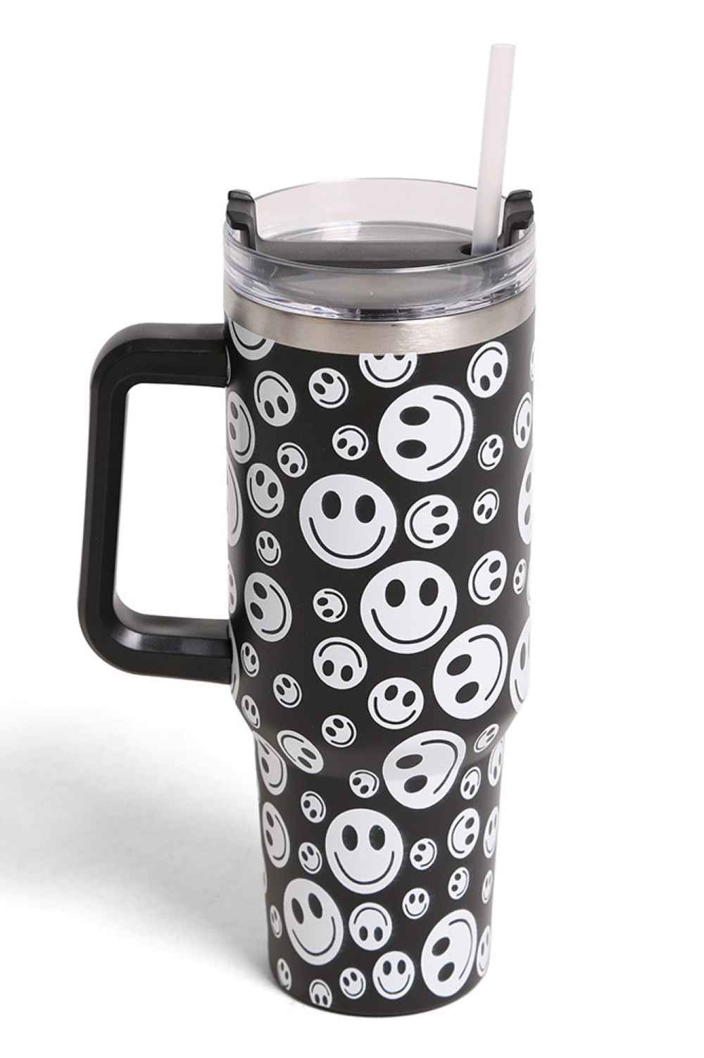 Black Keep your beverages at the perfect temperature with the Happy Face 40oz Handle Tumbler. This double-wall stainless steel design maintains hot drinks hot and cold drinks cold for hours. The convenient handle makes it easy to carry on the go, while the cheerful happy face design adds a playful touch to your daily routine. At 1200ml capacity, it's ideal for all-day hydration. BPA-free construction ensures safe, worry-free drinking. Perfect for work, travel, or everyday use.