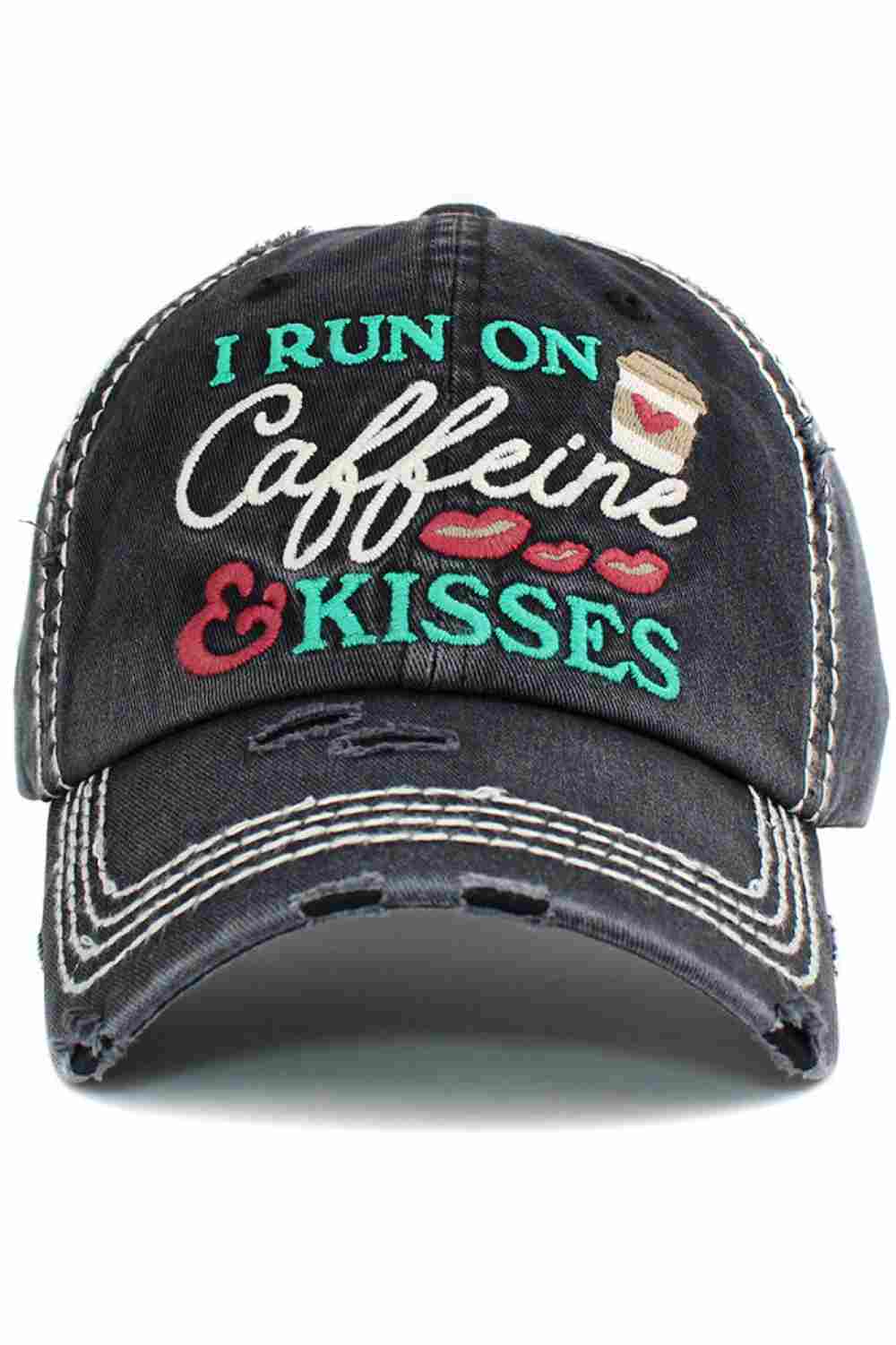 Black Fuel your day in style with the I Run on Caffeine vintage distressed cap, featuring a perfectly worn-in look and bold embroidered slogan. Made for comfort and everyday wear, this relaxed-fit cap adds a fun, laid-back vibe to casual outfits, errands, or coffee runs.