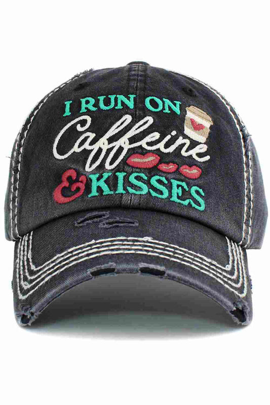 Black Fuel your day in style with the I Run on Caffeine vintage distressed cap, featuring a perfectly worn-in look and bold embroidered slogan. Made for comfort and everyday wear, this relaxed-fit cap adds a fun, laid-back vibe to casual outfits, errands, or coffee runs.