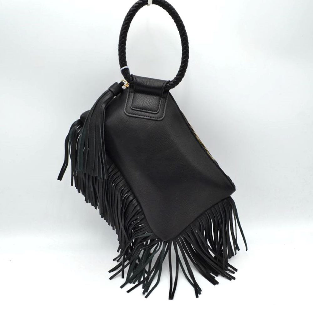 Black This everyday clutch bag features a smooth, structured body prominently styled with long cascading fringe accents along the lower trim and side panel. Designed for convenient hand carrying, it is equipped with a distinctively braided, circular top handle anchored securely to a reinforced upper flap. The main storage compartment features a secure top zipper closure with metallic teeth,