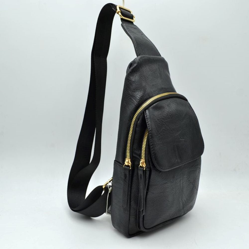 Black Streamline your daily commute or weekend adventures with this sleek and functional sling backpack. Designed with a contemporary teardrop silhouette, this multi-compartment pack offers efficient organization without sacrificing style. The exterior features a subtly crinkled, textured finish that delivers a rugged yet sophisticated look. Multiple zippered compartments are accented with heavy-duty, polished metallic zippers