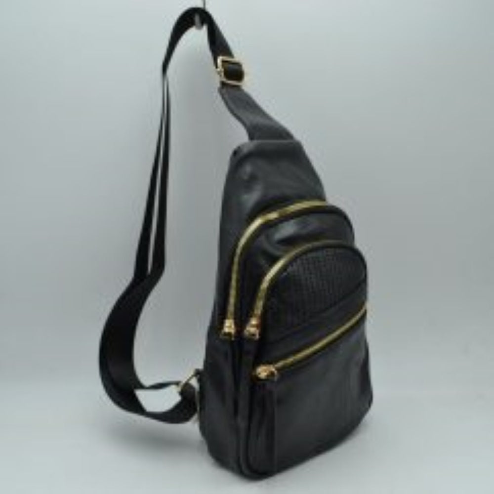 Black This versatile sling bag features an asymmetric silhouette decorated with an arched, perforated pattern on the front panel, making it suitable for everyday use. It offers multiple organized storage compartments, including a main curved section, a mid-sized front zippered pouch, and a smaller diagonal zippered pocket near the base, all equipped with elongated pull tabs. Designed for convenience, the bag is completed with a single wide