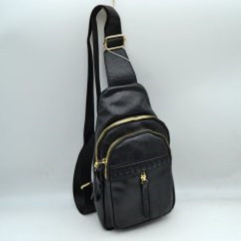 Black This versatile sling bag features a textured, subtly crinkled exterior with an asymmetric, tiered silhouette ideal for active everyday use. It offers multiple organized storage compartments, including a spacious curved main section, an intermediate arched pouch, and a front pocket highlighted by a horizontal woven, braided strip detail above a vertical zipper track. The bag is completed by a single wide fabric shoulder strap