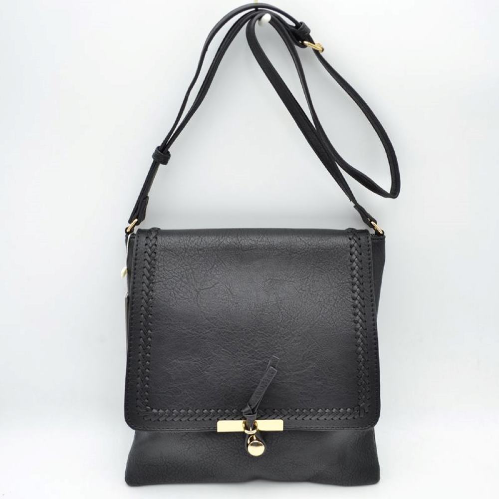 Black Infuse your daily style with a touch of bohemian elegance with this classic flap crossbody bag. Boasting a softly structured, vertical square silhouette, this handbag stands out with intricate braided stitched detailing that frames the edges of the main top flap. A unique, polished metallic bar and dangling pull-tab closure anchor the front, offering a secure seal and a contemporary focal point.