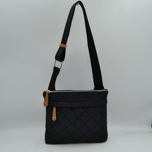 Black This functional messenger bag presents a classic diamond-quilted pattern across its main body, making it a reliable option for organized everyday use. It features a secure top zipper closure that opens to the primary storage compartment, complemented by a secondary horizontal zippered pocket on the front panel for quick-access items. Distinctive contrast tabs with metallic studs detail the zipper pulls