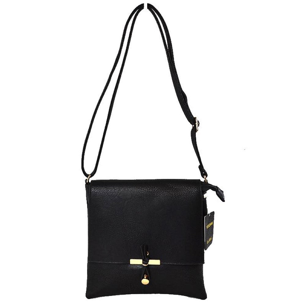 Black This sleek handbag features a textured pebbled finish with a clean foldover flap design, making it an ideal choice for stylish daily wear. The front closure is accented with a unique knotted strap detail paired with a polished metallic slider and decorative charm. Designed with a slim square profile, it includes a long, adjustable shoulder strap for comfortable hands-free crossbody or shoulder carrying.

