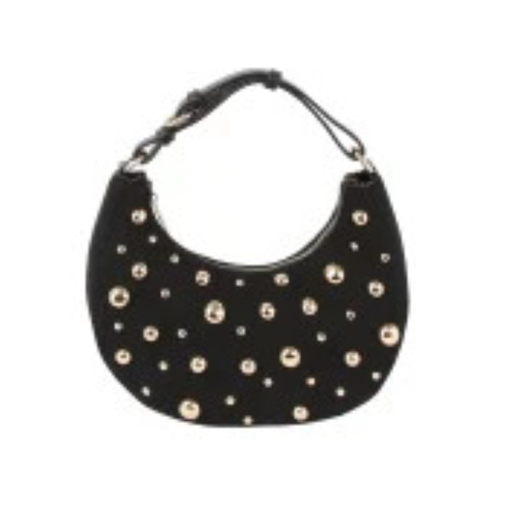 Black This crescent-shaped handbag features a curved silhouette adorned with scattered, multi-sized metallic studs across the front surface. It is designed with a single, matching top handle attached via hardware rings, which includes integrated loops suggesting an adjustable style for versatile carrying. The top opening follows the contoured shape of the bag, providing access to the main storage compartment to keep everyday essentials secure.