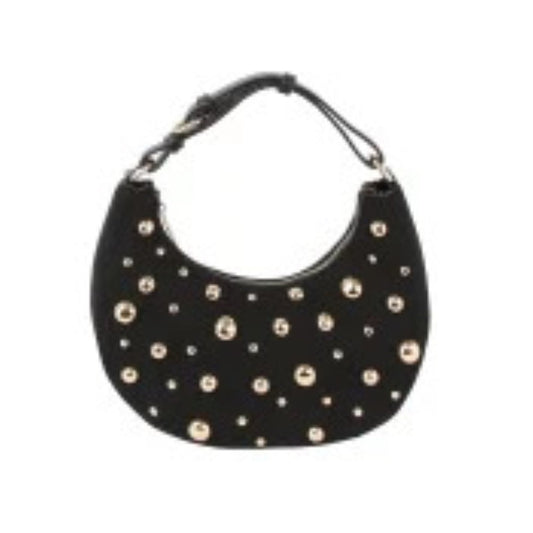 Black This crescent-shaped handbag features a curved silhouette adorned with scattered, multi-sized metallic studs across the front surface. It is designed with a single, matching top handle attached via hardware rings, which includes integrated loops suggesting an adjustable style for versatile carrying. The top opening follows the contoured shape of the bag, providing access to the main storage compartment to keep everyday essentials secure.