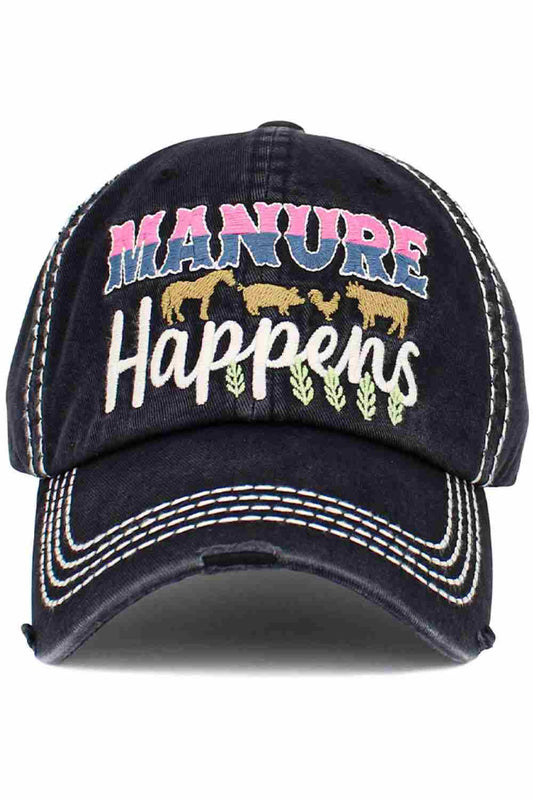 Black The MANURE HAPPENS vintage baseball cap features a humorous slogan paired with a washed, distressed look for laid-back, rustic style. Designed for comfort with an adjustable fit, it’s perfect for farm life, outdoor work, or casual everyday wear.