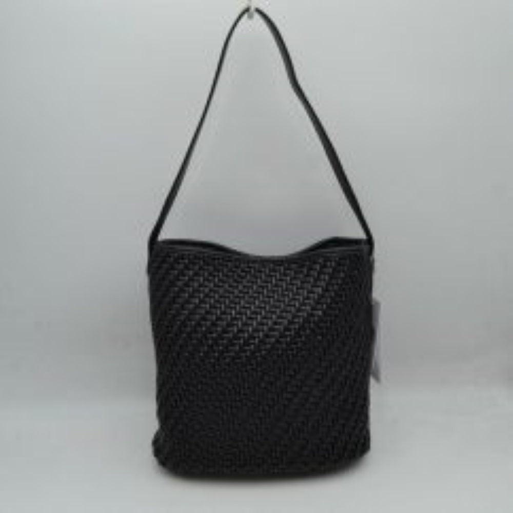 Back This everyday hobo bag features an all-over classic basket-weave design and a relaxed, structured bucket silhouette. It is crafted with a single wide matching shoulder strap attached securely to the top panels, allowing for comfortable hand or shoulder carrying. The spacious main storage compartment features a slight dip-top opening, making it an ideal choice for organized daily use.