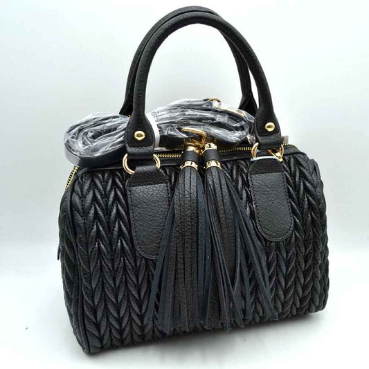 Black Add an upscale, high-texture statement to your accessory collection with this beautifully crafted structured satchel bag. Combining a sophisticated, textured body with playful design accents, this handbag brings a perfect blend of modern elegance and day-to-night versatility to any outfit.