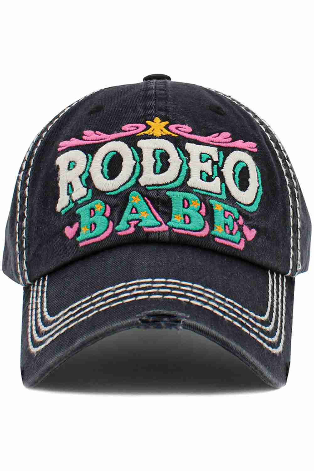 Black The RODEO BABE Vintage Ball Cap features a bold, western-inspired design with a classic vintage look. Comfortable and easy to wear, it’s perfect for everyday outfits, casual outings, and adding a touch of rodeo attitude to your style.
