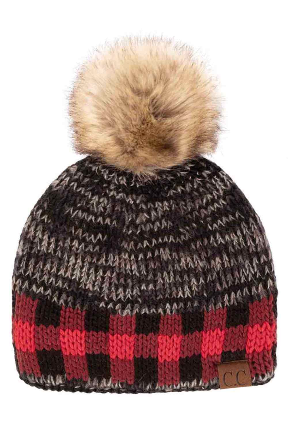 Black Red Stay cozy in style with the C.C Heather Chunk Beanie featuring a trendy check pattern band for a modern, eye-catching touch. Crafted with soft, warm knit fabric, it offers comfortable coverage and a snug fit for chilly days.