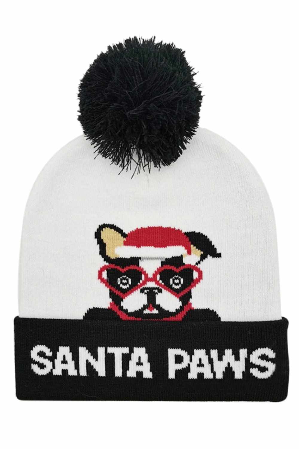 Black Santa Paws Christmas Holiday Pom Beanie features an adorable festive design topped with a fluffy pom for a fun, pet-loving holiday look. Made with a soft stretch fit, it keeps you warm and cozy while adding playful Christmas charm to your winter outfits.