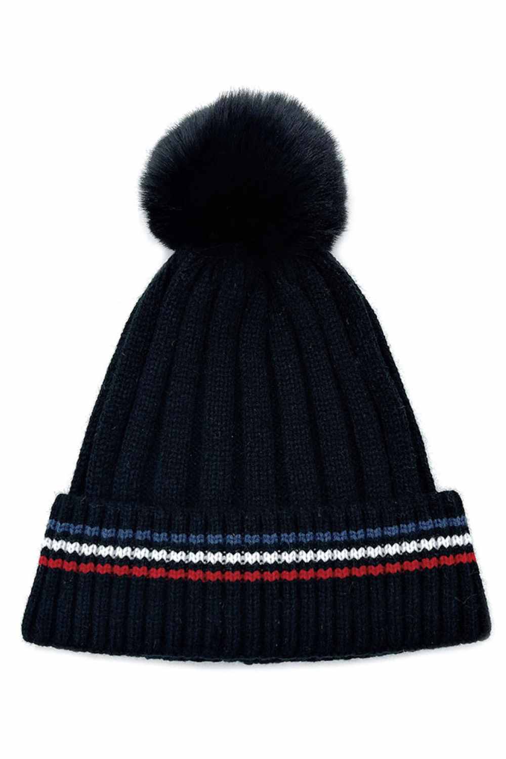 Black Add a cozy-chic touch to your winter wardrobe with this Stripe Rib Super Soft Cuff Beanie, designed for warmth and everyday comfort. Finished with a luxurious faux fur pom, it delivers a stylish look while keeping you snug on colder days.