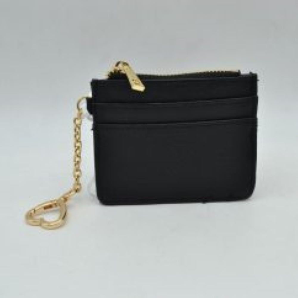 Black This slim card holder wallet combines a sleek, structured design with practical storage compartments for organized everyday use. The front panel features multiple layered slots designed for quick access to cards, while a secure top zipper closure with a prominent metallic pull opens to a central pocket for coins or folded bills. Perfect for on-the-go convenience