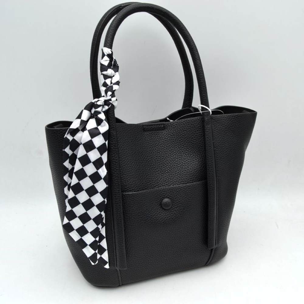 Black Elevate your everyday style with this chic and highly functional tote bag. Crafted with a premium pebbled exterior finish, this structured handbag offers a sophisticated texture that handles daily wear with ease. The front features a convenient open slip pocket secured by a matching central snap closure, providing quick access to small essentials. Adding a modern, graphic contrast, a silky checkered pattern scarf comes beautifully wrapped and tied along the front handle base. 