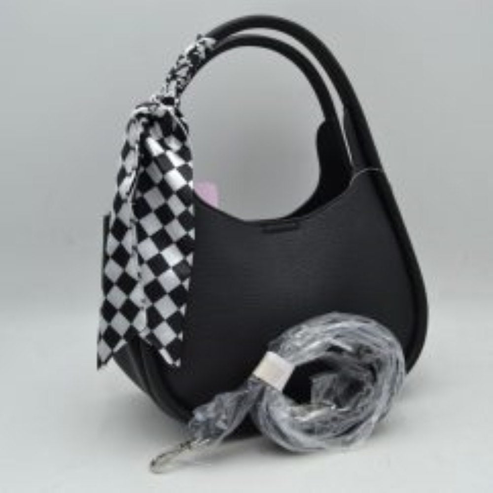 Black Embrace a sleek, modern aesthetic with this beautifully contoured hobo shoulder bag, designed to add an effortless touch of class to your collection. Featuring a classic crescent-shaped silhouette and a premium pebble-textured finish, this handbag provides excellent durability while maintaining its upscale, structured look. The sleek top shoulder strap is chicly wrapped with a removable checkerboard print accent scarf, offering a subtle nod to vintage elegance.