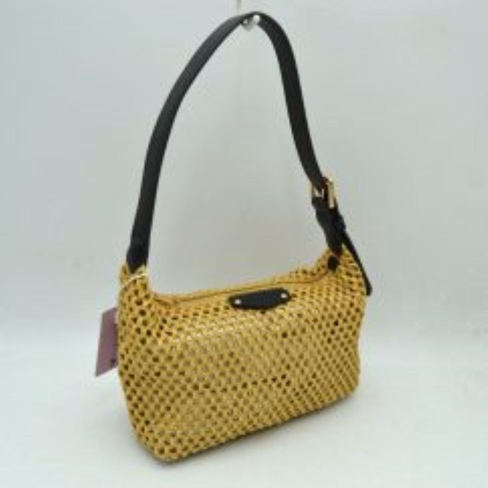 Black This structural shoulder bag showcases an intricate open-weave pattern across its main body, providing a highly textured look suitable for everyday use. It features a wide, flat shoulder strap attached smoothly to the sides and equipped with a metallic adjustment buckle for comfortable carrying. A secure top zipper closure opens to a single main storage compartment to keep daily essentials safe, accented by a small decorative tab detail centered near the upper rim.